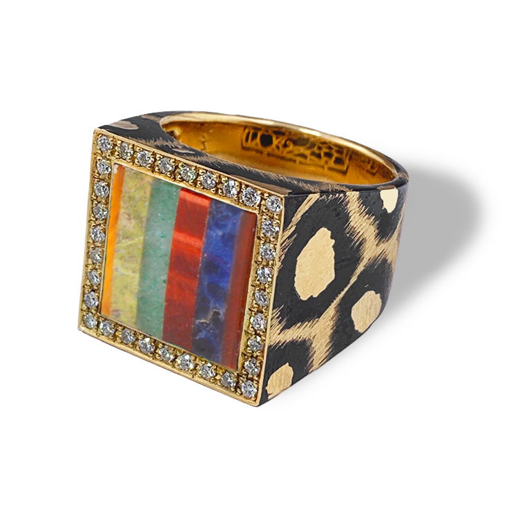 Mariangela Ring K18 / Pt900 -tiger's eye, sodalite, aventurine quartz, carnelian, onyx